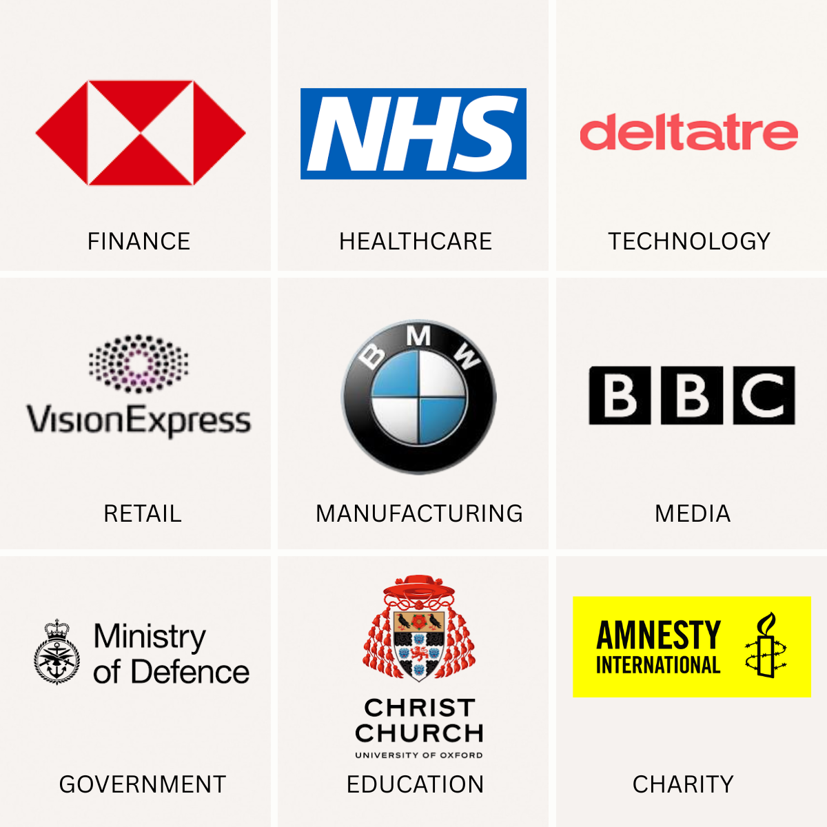 Client logo block including HSBC in finance, NHS in healthcare, Deltatre in technology, Vision Express in retail, BMW in manufacturing, BBC in media, MOD in government, Oxford University in education, and Amnesty International in charity